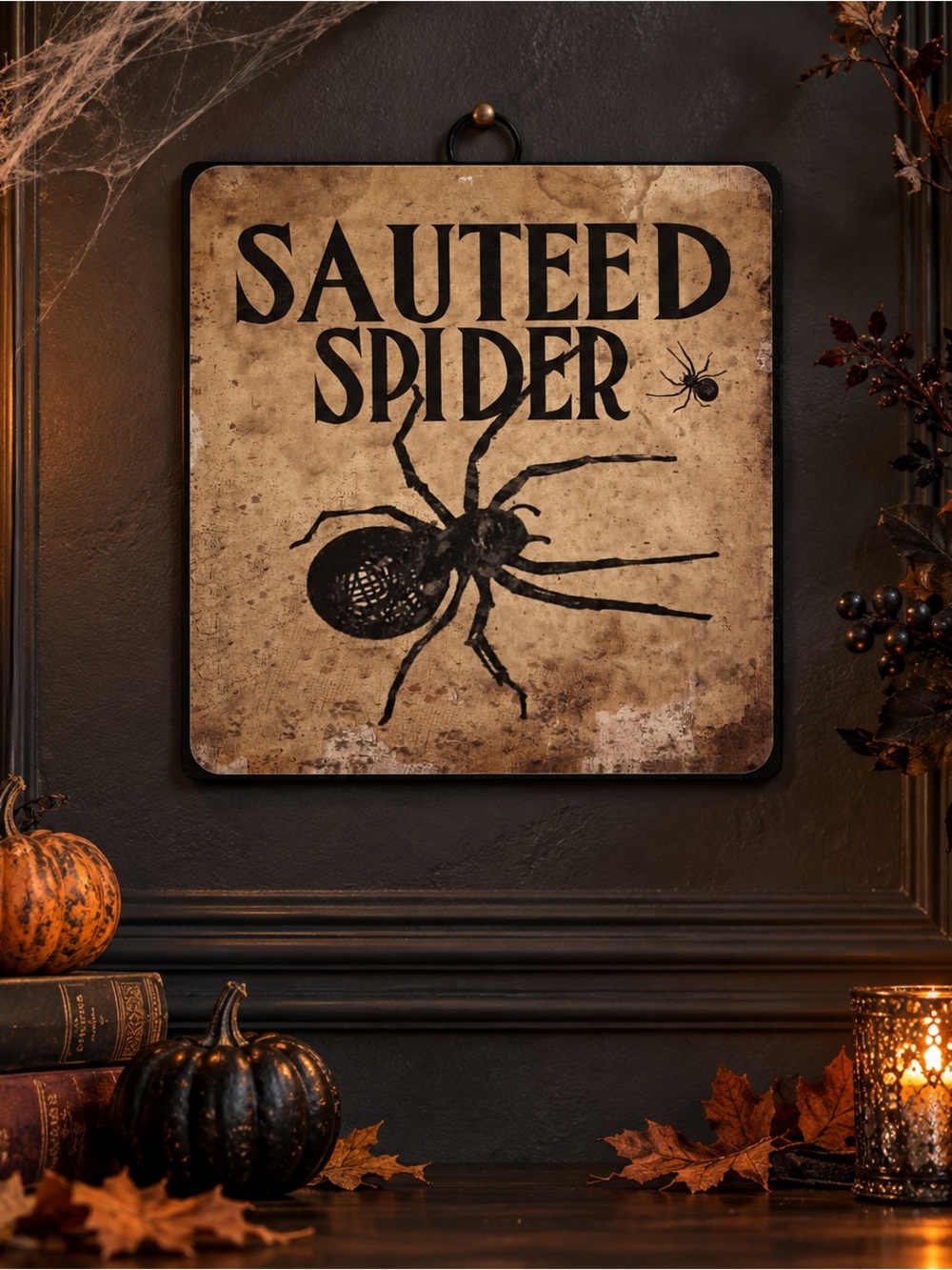 Sautéed Spider Halloween Sign Vintage-Inspired Spooky Wall Decor